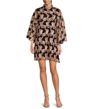 Talia Floral Lace Mandarin Collar Bell Mid Sleeve Shift Above the Knee Dress | Dillard's