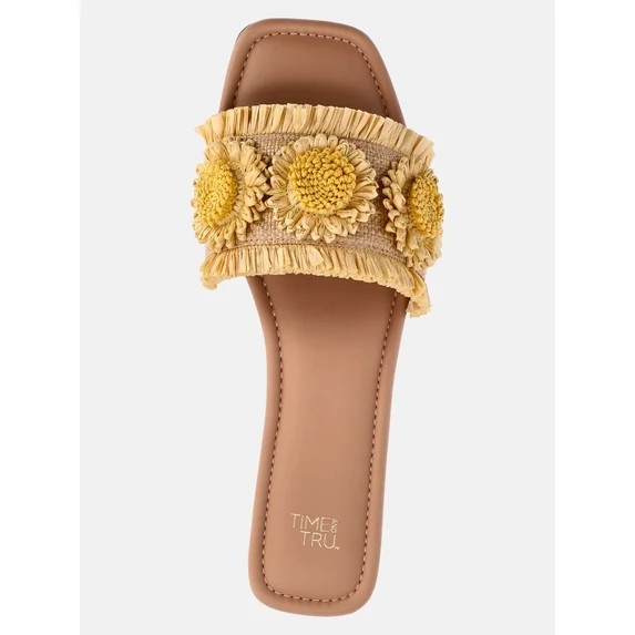 Time and Tru Women's Faux Raffia Daisy Slide Sandals | Walmart (US)
