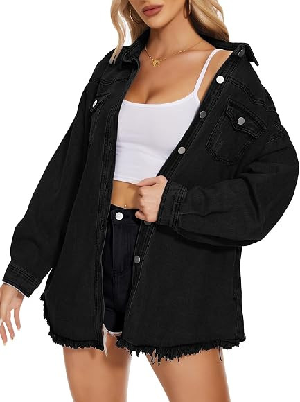 Women Oversized Button Up Denim Long Boyfriend Distresse Jean Jacket Frayed Hem Shacket | Amazon (US)