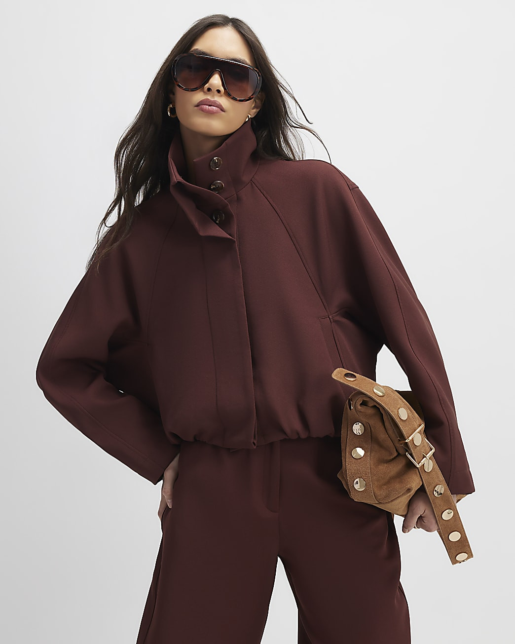 Brown Tailored Funnel Neck Bomber Jacket | River Island UK & IE