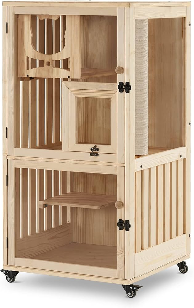 MCombo Luxury Wooden Cat House with Scratching Post, Wood Cat Enclosures Indoor with Wheels, Mult... | Amazon (US)