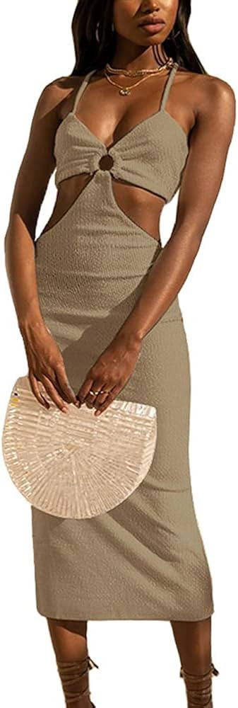 Antopmen Women Spaghetti Straps Knitted Maxi Dresses Elegant Sexy Party Cut Out Backless Bodycon ... | Amazon (US)