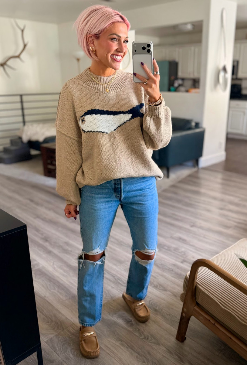 How adorable is this fish sweater??!!  Sweater: Small // Jeans: 4 // Shoes: TTS 

 #LTKootd #LTKSaleAlert