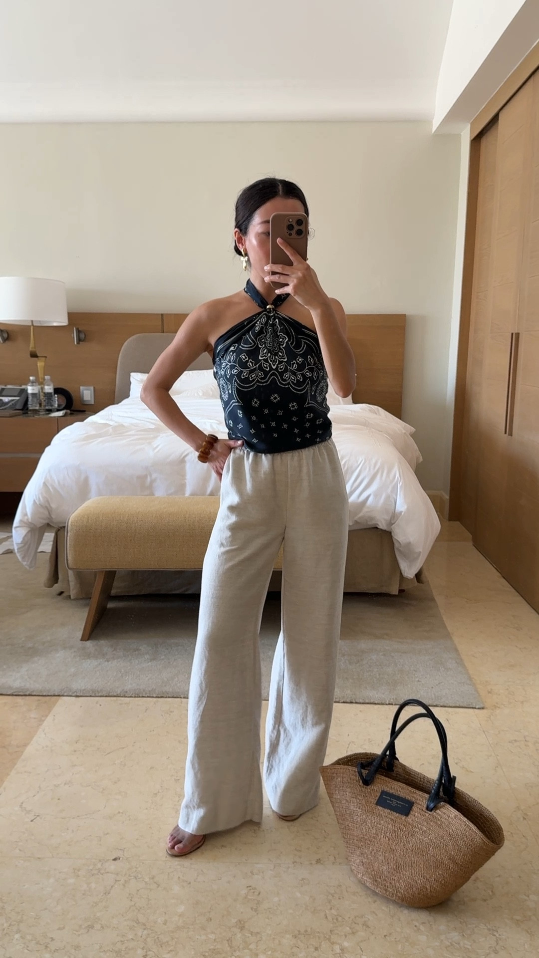 Summer / Vacation outfit

• Aritzia  linen blend pants xxs regular (length shrunk 1-2” in washer and low heat dryer). Still long on me and their short length would be ideal, but I got these before short was available ￼

• Madewell medium silk bandana worn as top with a ring 

• Schutz sandals 5.5 

• sezane tote

Petite friendly vacation outfit, family vacation, resort look

#LTKPetite #LTKTravel #LTKSeasonal