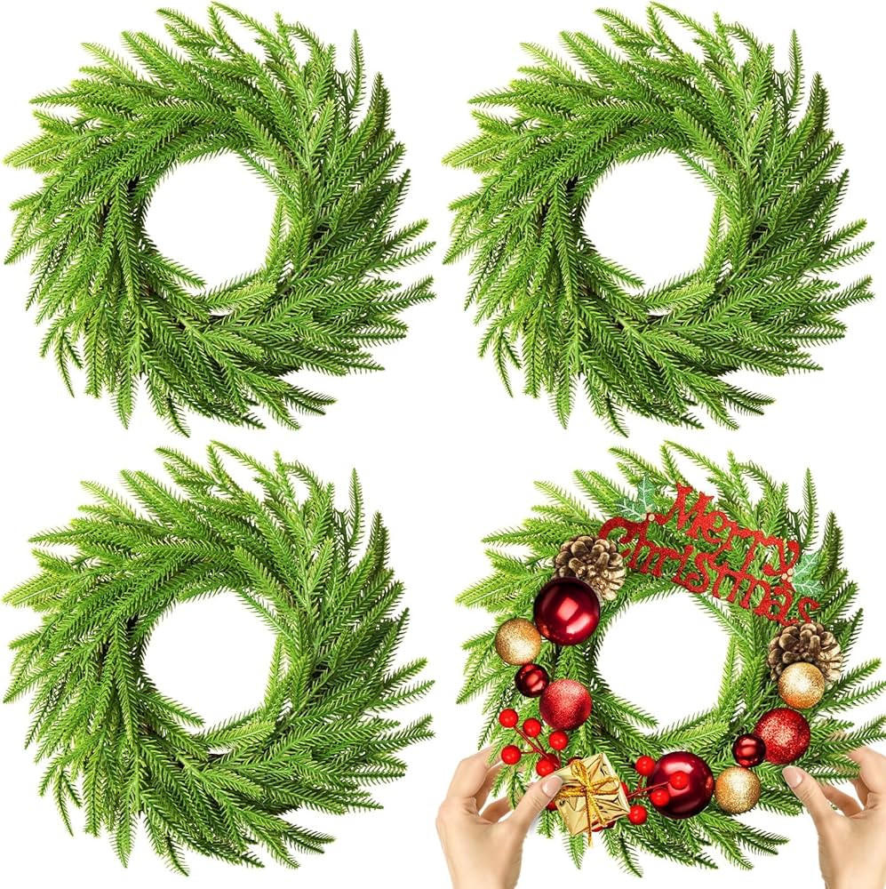 4 Pcs Christmas DIY Gree Wreath 10 Inch Christmas Green Artificial Wreaths DIY Faux Plain Wreaths... | Amazon (US)