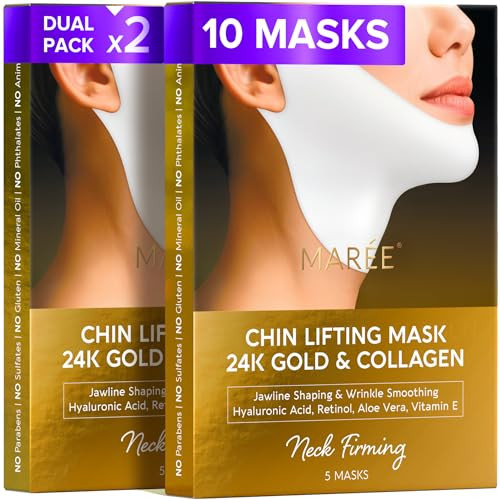 MAREE V Line Lifting Mask with 24K Gold – Deep Collagen Face Mask for Women – Jawline Shaper Mask with Retinol & Hyaluronic Acid – Neck Tightening & Firming - Double Chin Strap for Face Lift - 2 pack | Amazon (US)