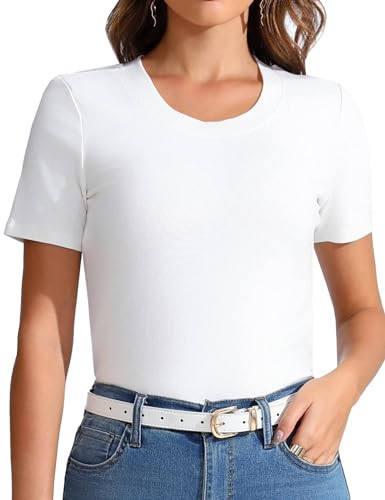 Womens Scoop Neck T Shirts Basic Ribbed Tees Fitted White Tshirt Plain Short Sleeve Work Tops XXL | Amazon (US)