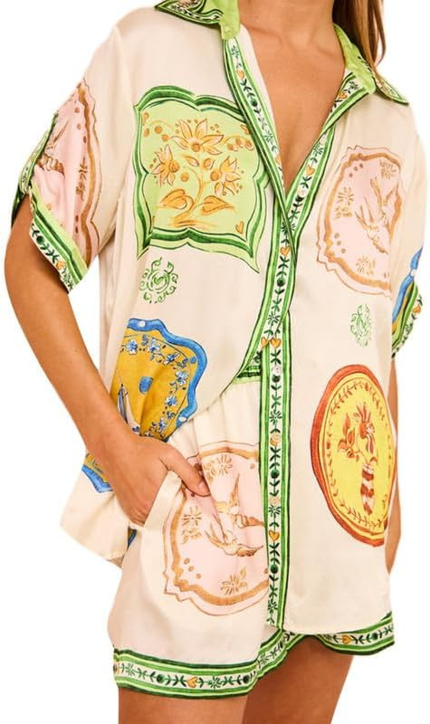 NUFIWI Women's Graffiti 2 Piece Pajama Set Short Sleeve Button Down Tops Drawstring Shorts Beach ... | Amazon (US)