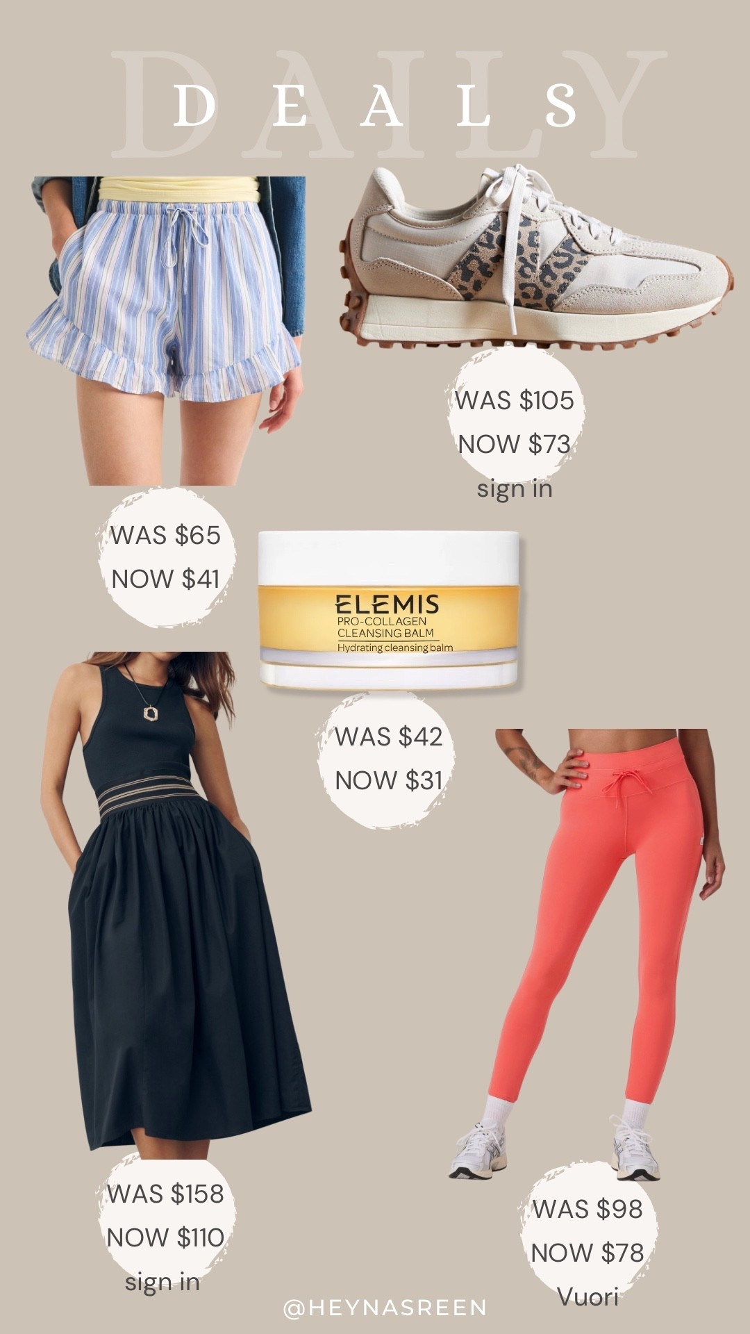 Daily deals on Abercrombie shorts, New Balance sneakers, Elemis cleansing balm, Vuori leggings, Anthropologie dress