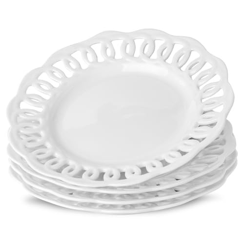 fMBB Round Appetizer Plate with Scalloped Edge Lace Rim, Set of 4, White 8 inch Ceramic Dessert Plates, Small for Cake Snack Side Dish, Microwave and Dishwasher Safe | Amazon (US)