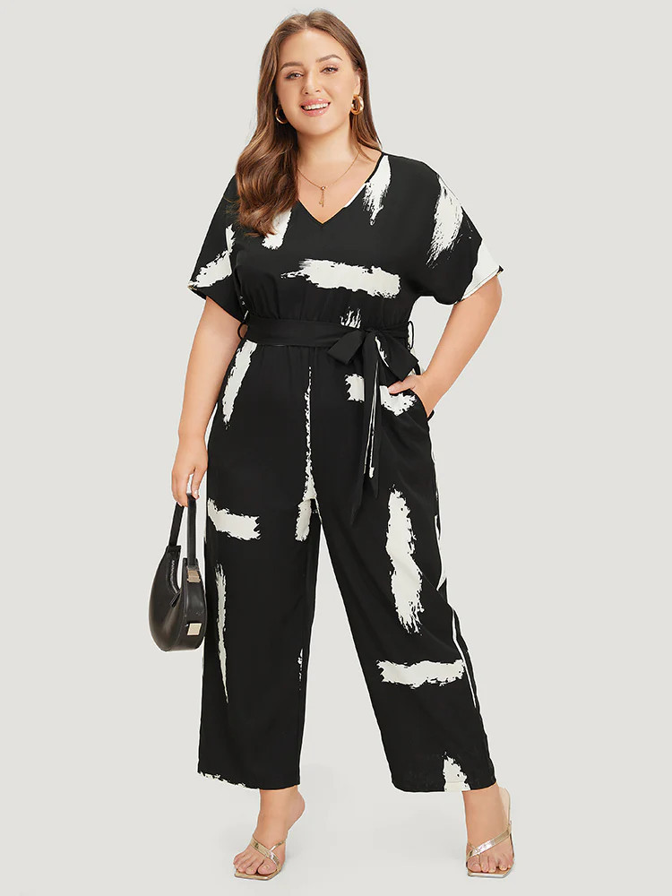 Brush Print Belt Pocket V Neck Jumpsuit | Bloomchic