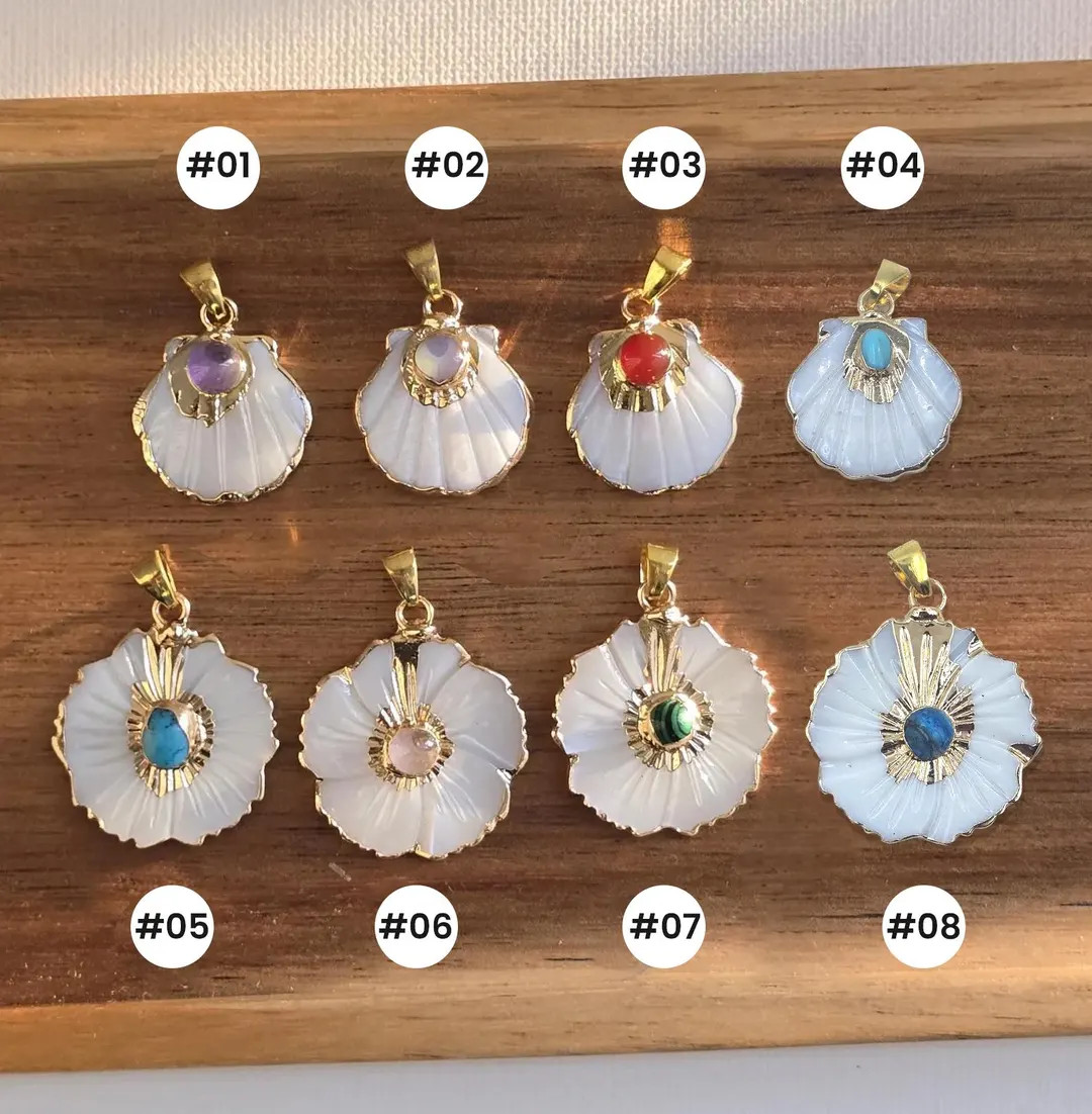 Gold Filled Shell Flower Charm Pendant, Natural Mother of Pearl Necklace Pendant with Gemstone fo... | Etsy (US)