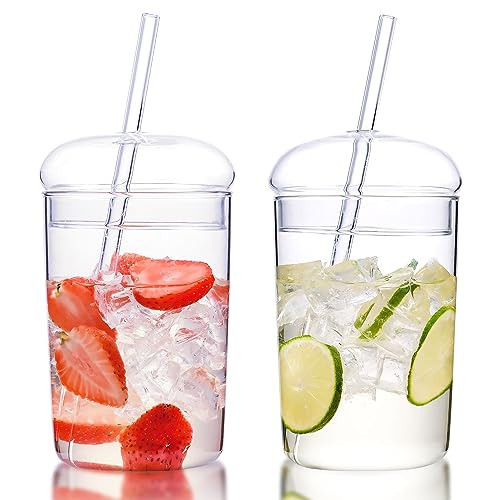 WHJY Glass Tumbler with Lid and Straw, Clear Travel Smoothie Cup, 16oz Heat Resistant Glass Drinking Cup with Lid and Straw - 2 Packs | Amazon (US)