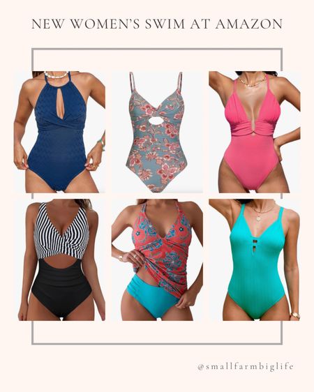 New women’s swimwear at Amazon. One piece swimsuit. Summer. Vacation. Blue one piece halter high neck textured with cutout swimsuit. Black and white cross neck underwire one piece swimsuit. Floral one piece tummy control vneck bathing suit. Teal blue one piece plunging Vneck swimsuit. Pink deep vneck criss cross back one piece swimsuit. Floral print tankini criss cross tie back two piece swimsuit  

#LTKSwim #LTKSeasonal #LTKOver40
