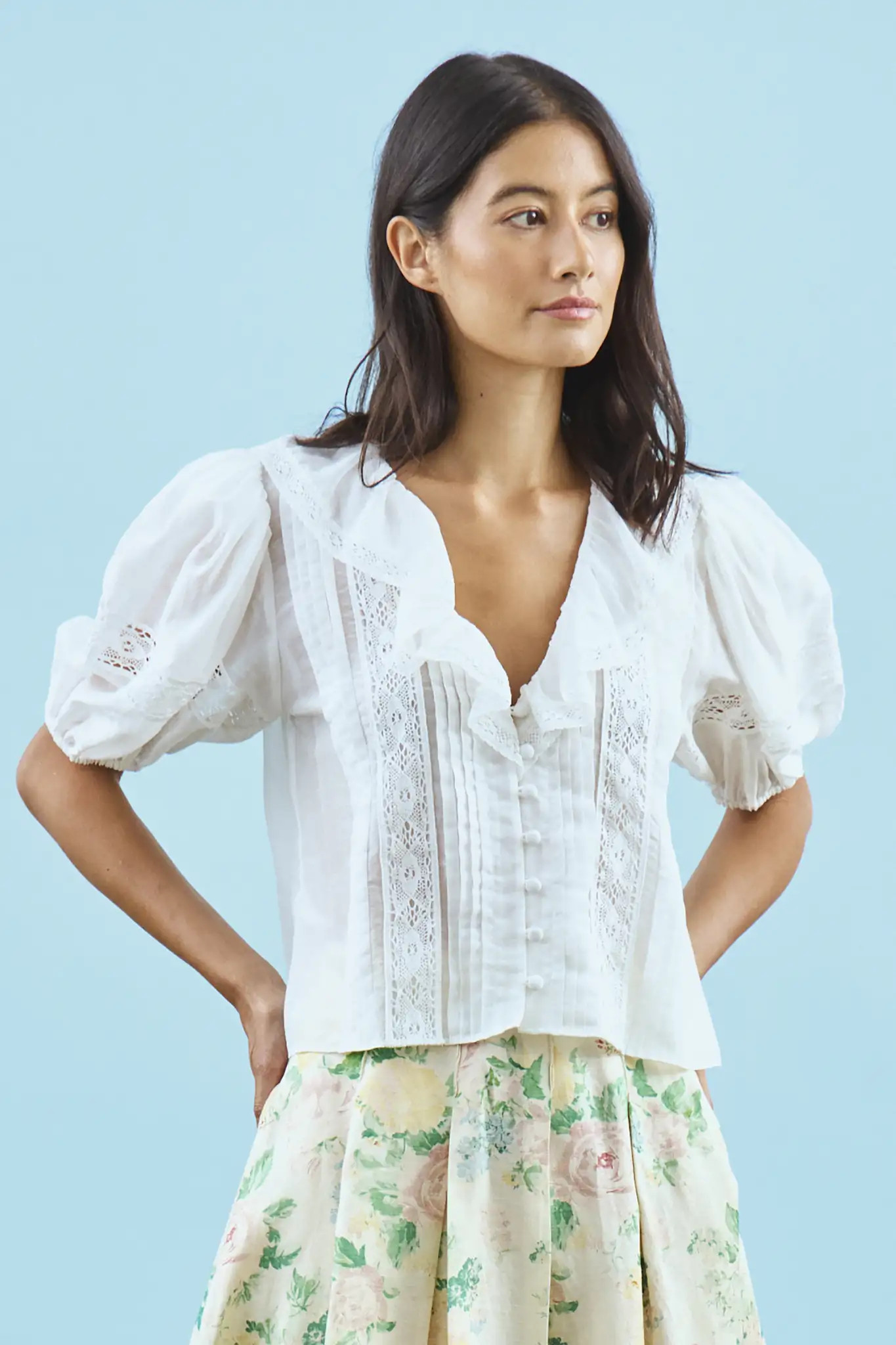 Mare Top | White Ruffled V-Neck Blouse | Hunter Bell | Hunter Bell