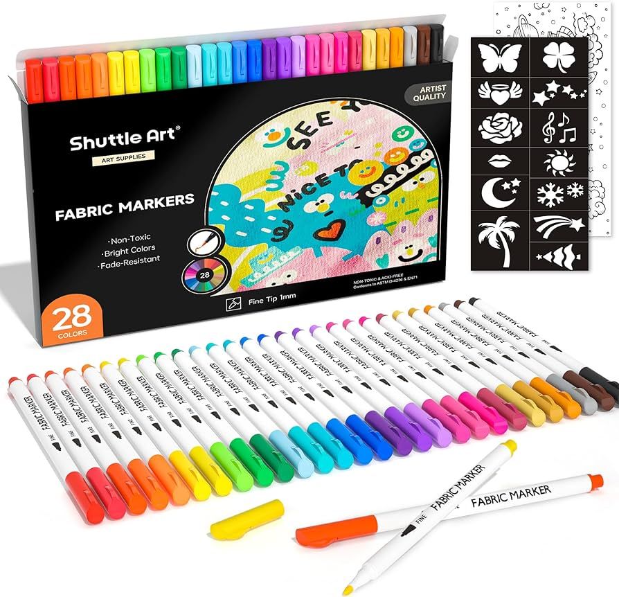 Shuttle Art 28 Colors Fabric Markers, Fabric Markers Permanent Markers for T-Shirts Clothes Sneak... | Amazon (US)