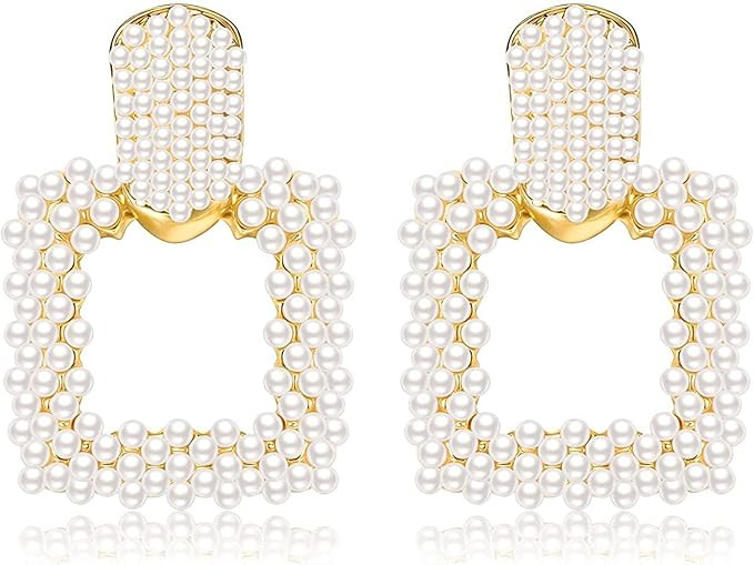 Rectangle Geometric Pendant Earrings Gold Pearl Drop Earrings Design Big Hoop Earrings for Women ... | Amazon (US)