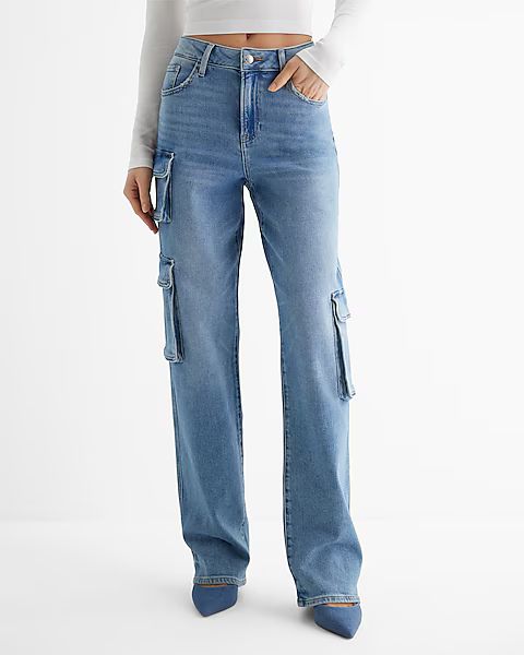 High Waisted Medium Wash Relaxed Straight Cargo Jeans | Express (Pmt Risk)