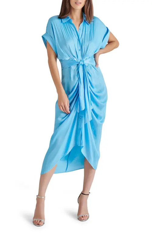 Steve Madden Tori Tie Waist Satin Midi Shirtdress in Indigo at Nordstrom, Size 6 | Nordstrom