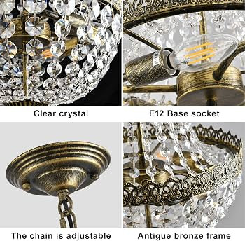 4 Lights French Empire Mini Crystal Chandelier Farmhouse Pendant Lighting,Antique Brass Finish Ce... | Amazon (US)