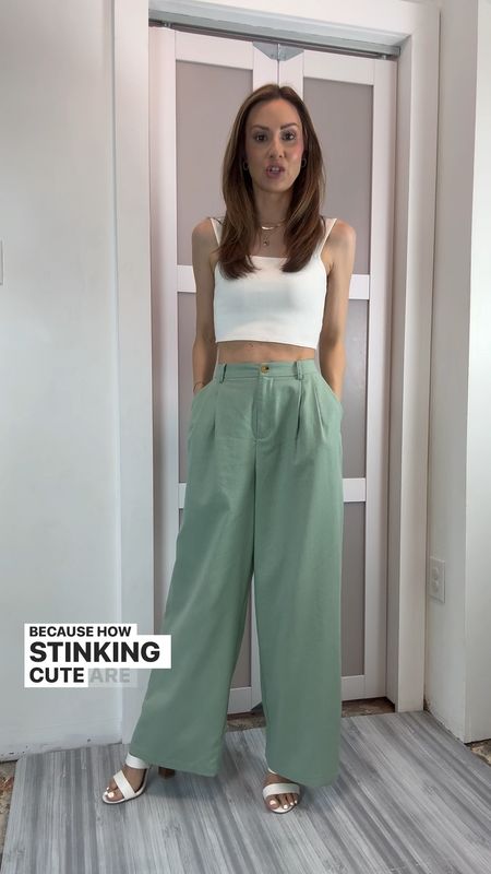 Code FVTSA8C2 for a discount on the pants! These sage green linen (ish) wide leg pants are so cute! I say linen (ish) because they’re a thicker material and not see through but have a soft linen feel to them! Disclaimer, they are big on me as I show in the video but I love them so much, I’ll get them altered and hemmed for an ankle length fit. Easy to dress up or down so I’ll do a reel showing different ways to wear them. Wearing a small but I think you can size down if in between since I’m altering. I’m 5’4” for reference! 

#LTKsalealert #LTKfindsunder50

#LTKParties #LTKVideo #LTKWorkwear