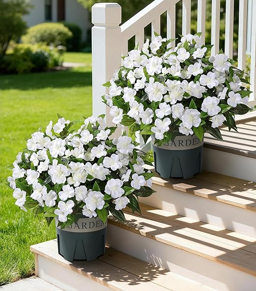 Artificial Topiary for Outdoors 2 Set Artificial Impatiens Flowers 20'' Fake Potted Flower Bush U... | Amazon (US)