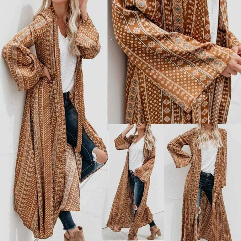 symoid Womens Coats- Chiffon Tops Printed Long Coat Tops Suit Kimono Cover Beach Smock Khaki S | Walmart (US)