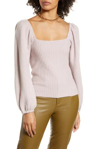 Halogen® Puff Sleeve Square Neck Sweater | Nordstrom