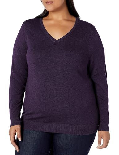 Amazon Essentials Women's Regular-Fit Lightweight Long-Sleeve V-Neck Sweater (Available in Plus Size), Dark Purple, 1X | Amazon (US)