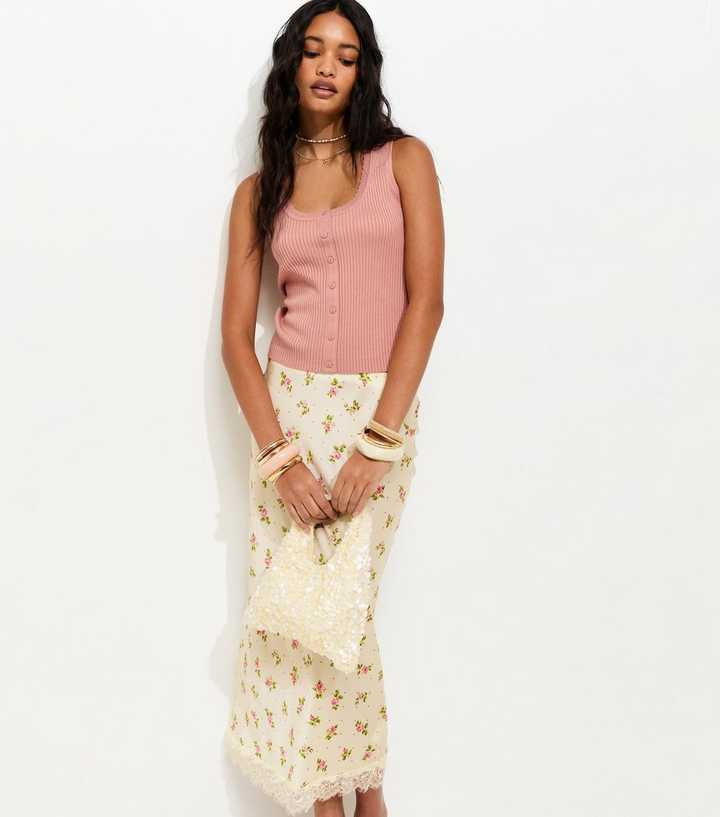 Cream Floral Print Lace Trim Midi Skirt | New Look | New Look (UK)