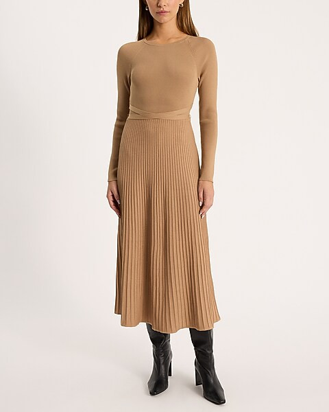 Pleated Crew Neck Long Sleeve Tie Waist Midi Sweater Dress | Express