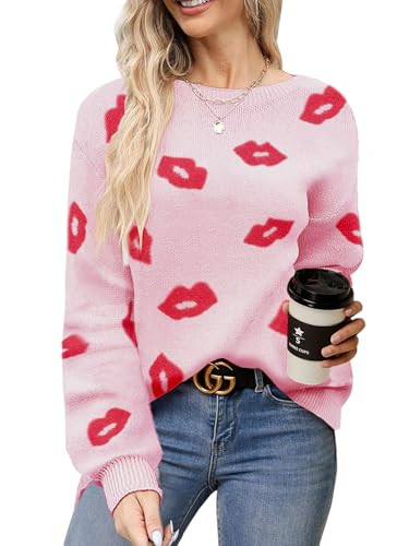 Sweater for Women Lip Pullover Sweaters Cute Lips Long Sleeve Crewneck Casual Sweaters Top Pink | Amazon (US)