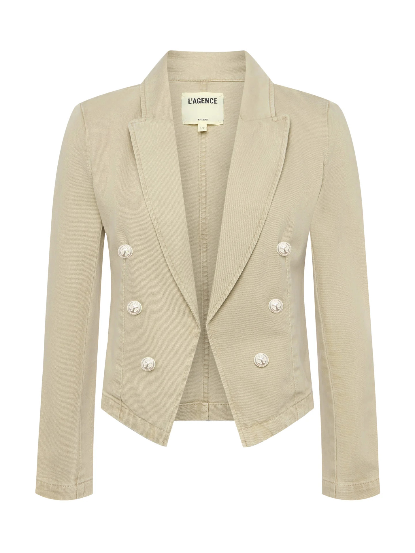 L'AGENCE - Wayne Open Front Double Breasted Denim Blazer in Sand Dune | L'Agence