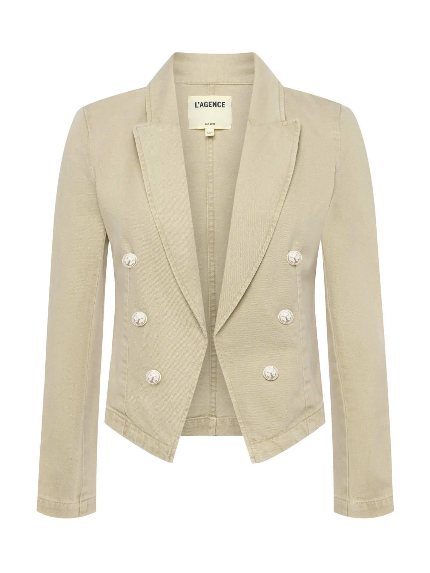 L'AGENCE - Wayne Open Front Double Breasted Denim Blazer in Sand Dune | L'Agence