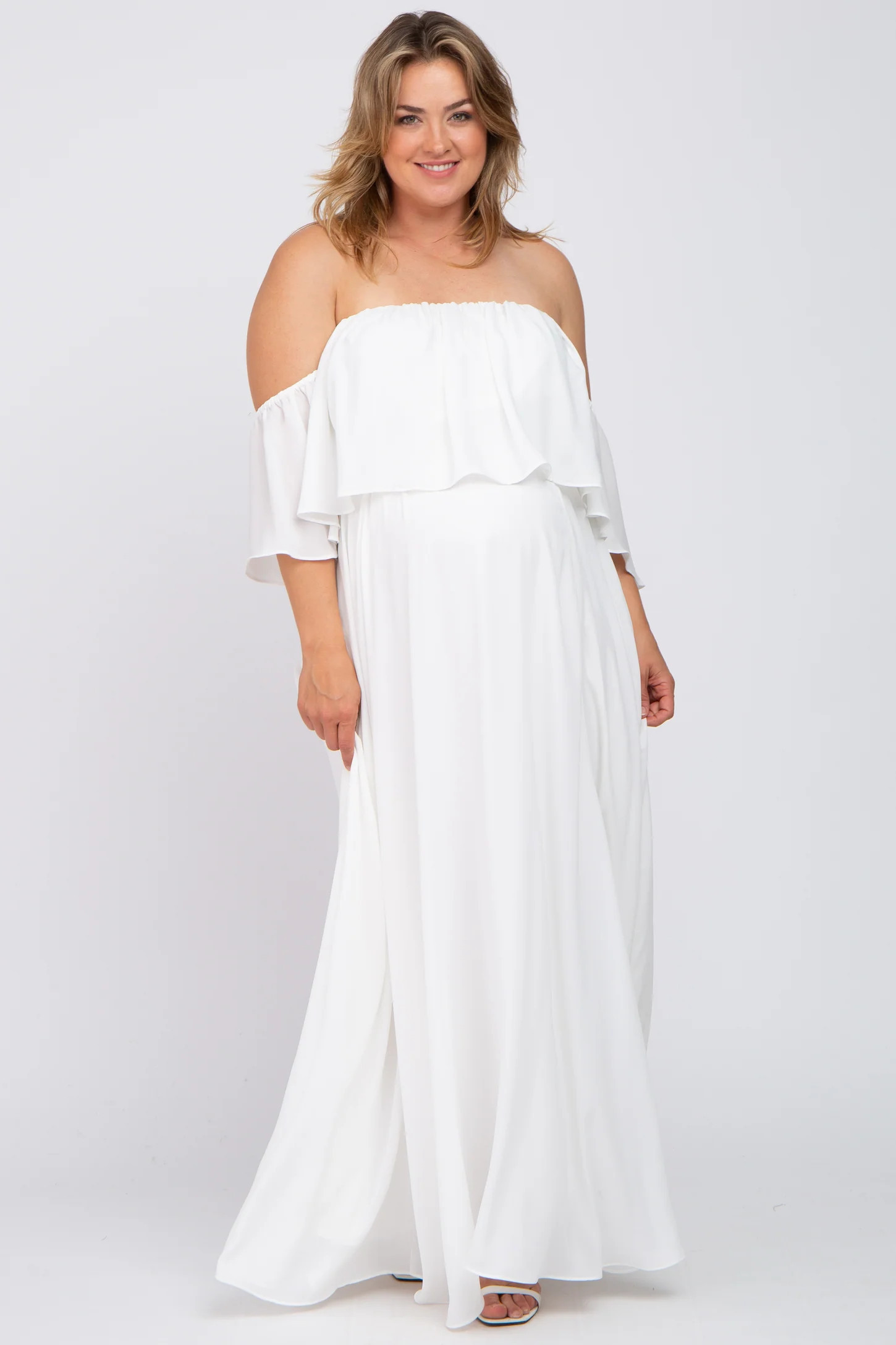 White Chiffon Off Shoulder Maternity Plus Gown | PinkBlush Maternity