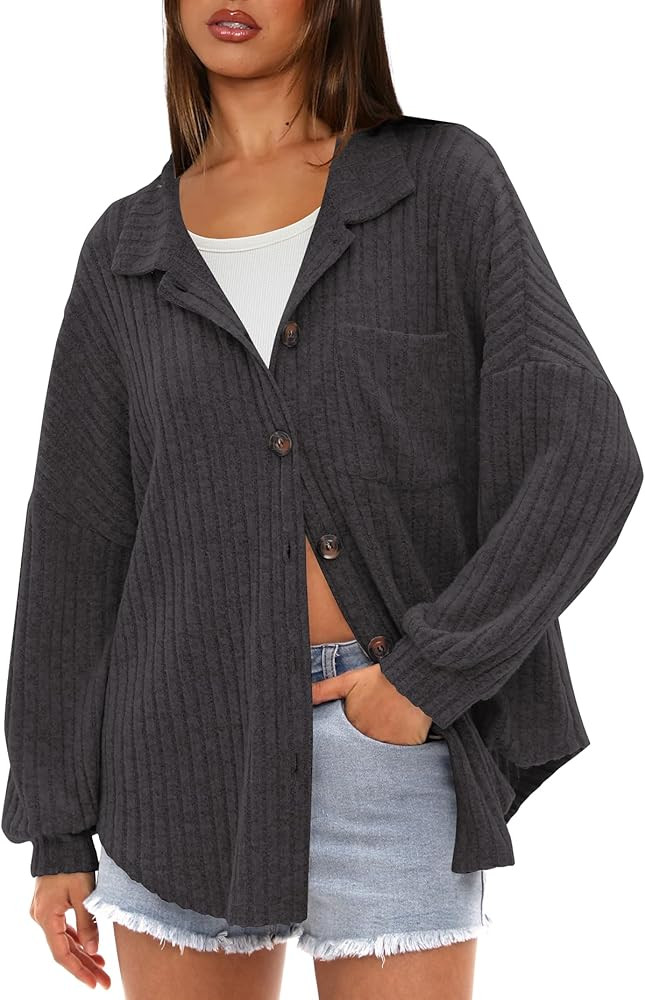 Darong Women’s Tops Button Down Shirts Long Sleeve Shacket Jacket Loose Fit Ribbed Knit Work Fa... | Amazon (US)