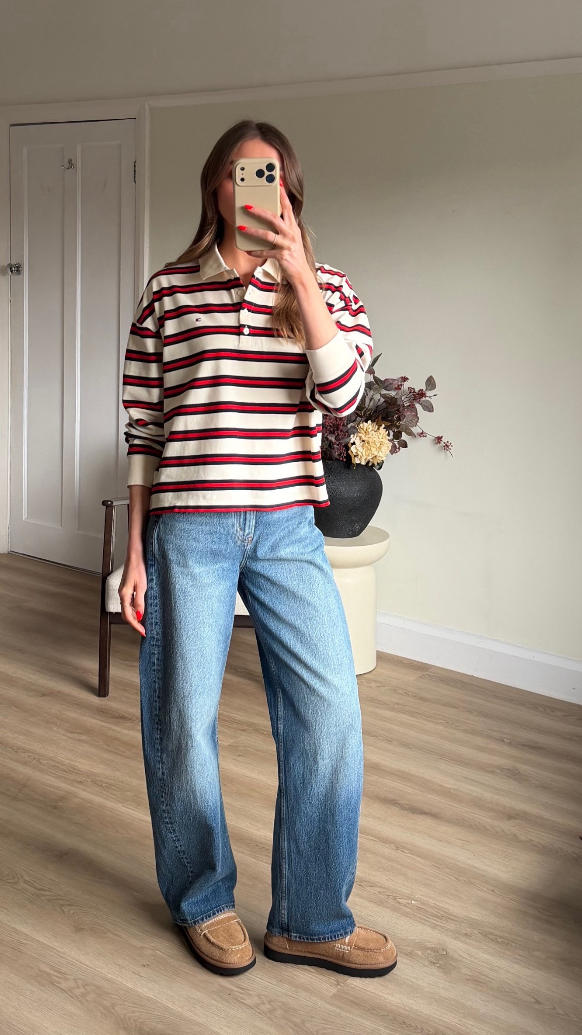 Medium in the Tommy Hilfiger long sleeve polo, small would’ve been fine as it runs big. AD 
25 reg in the jeans (hold off until Friday 👀👖) 
Ugg Ellis loafer 