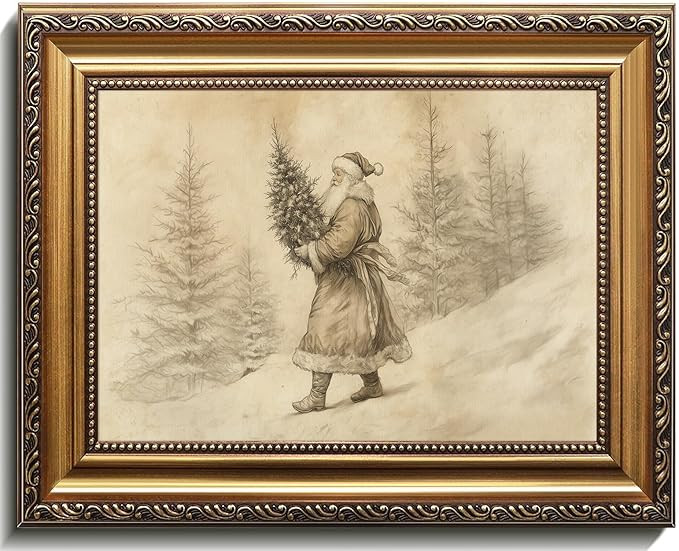 Vintage Santa Claus Wall Art Print with Gold Frame, Winter Landscape Drawing, Rustic Christmas De... | Amazon (US)