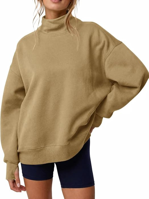 Fisoew Womens Long Sleeve Oversized Sweatshirts Mock Neck Pullover Tops     Cozy, Thumb Hole, Dro... | Amazon (US)