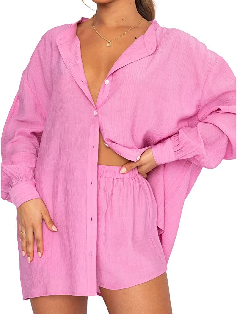 Women 2 Piece Tracksuit Casual Outfits Button Down Shirt Cardigan Tops + Elastic Waist Lounge Sho... | Amazon (US)