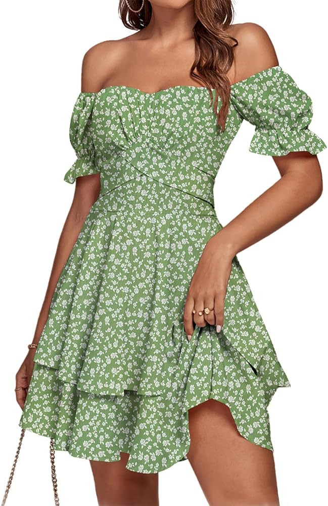 LYANER Women's Tie Back Off Shoulder Wrap Layer Ruffle Short Sleeve Mini Dress | Amazon (US)