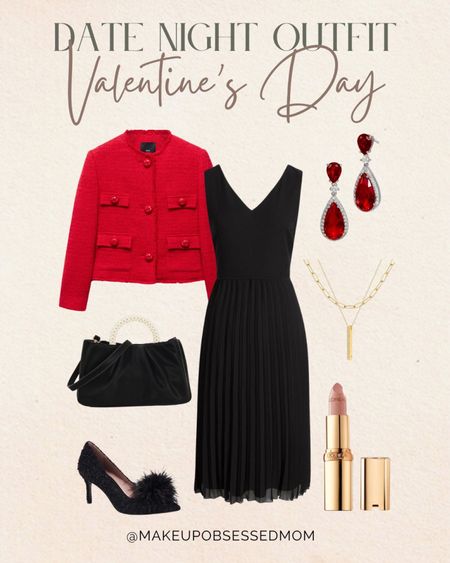 Here's a date night outfit you can wear this Valentine's Day! A sleeveless black dress paired with a red blazer, black heels, and elegant accessories! #midlifestyle #capsulewardrobe #dinnerdate #vdayidea

#LTKSeasonal #LTKshoecrush #LTKstyletip
