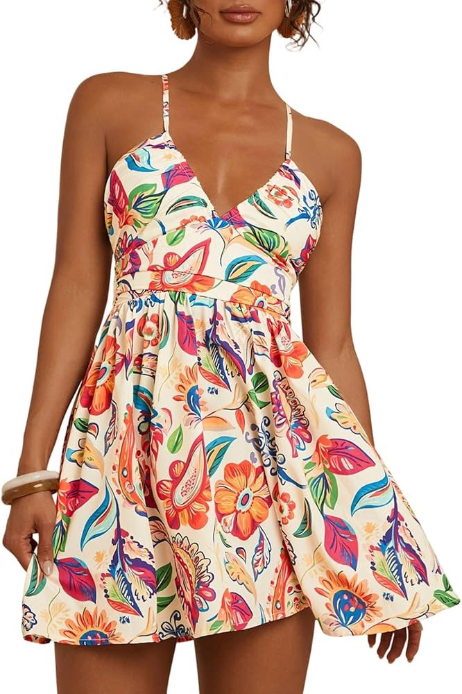 Floerns Women's Boho Tropical Mini Dress Spaghetti Strap Criss Cross Tie Back Summer Dresses | Amazon (US)