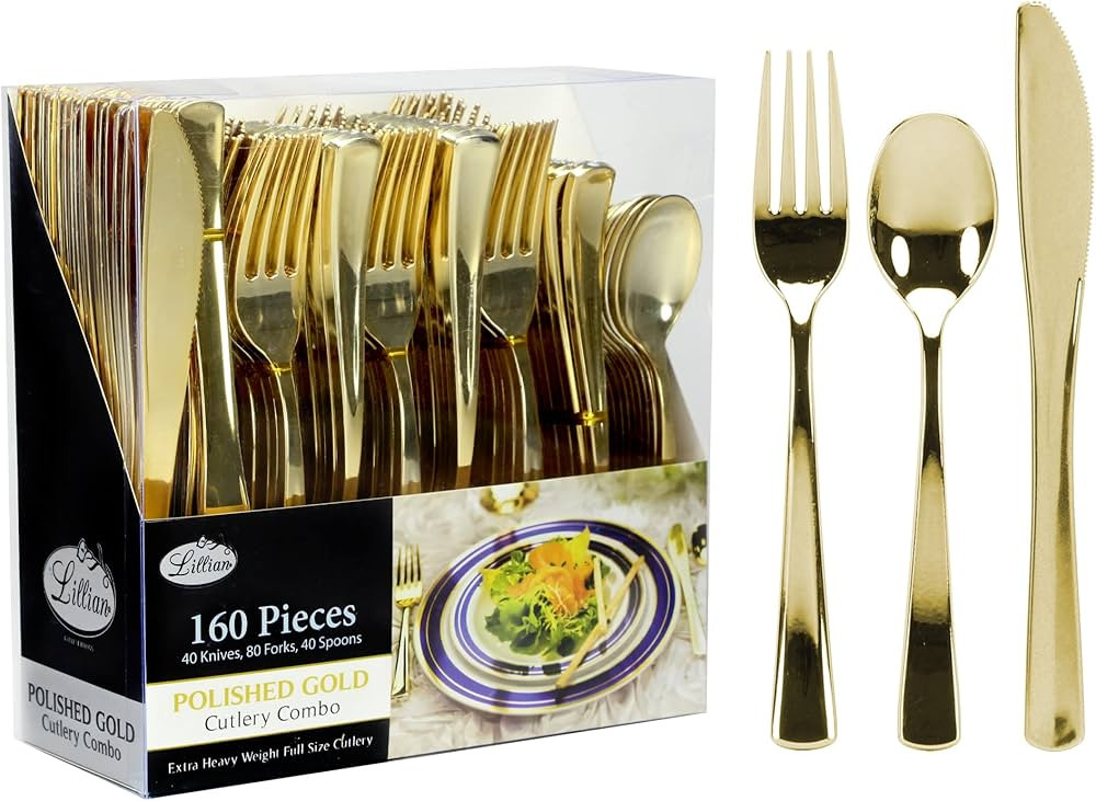 Gold Plastic Silverware Set, 160 Count, Extra Heavy Duty Flatware, Disposable Cutlery Utensils, 8... | Amazon (US)