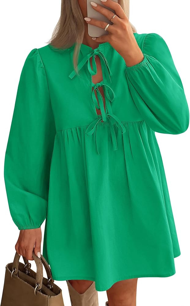 ZESICA Women's Dress Fall Long Puff Sleeve Self Tie Front Babydoll A Line Pleated Cute Mini Tunic... | Amazon (US)
