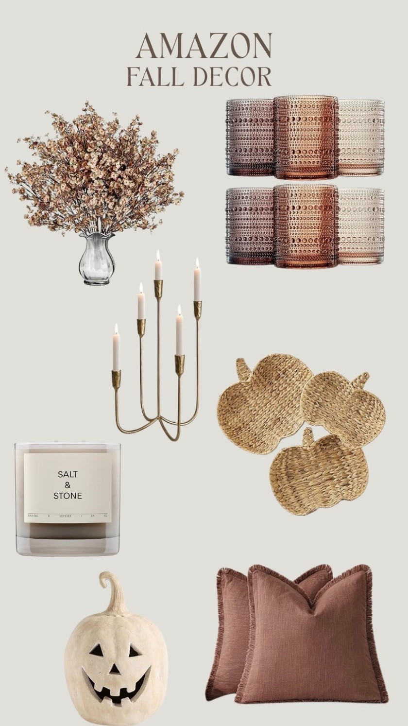 New Fall Decor finds that are affordable on Amazon! 
Pumpkin
Rattan pumpkin tray 
Candlestick 
Faux fall flowers 
Candle
Salt and stone 
Fall glasses 
Hobnail glasses 

#LTKStyleTip #LTKSeasonal #LTKHome