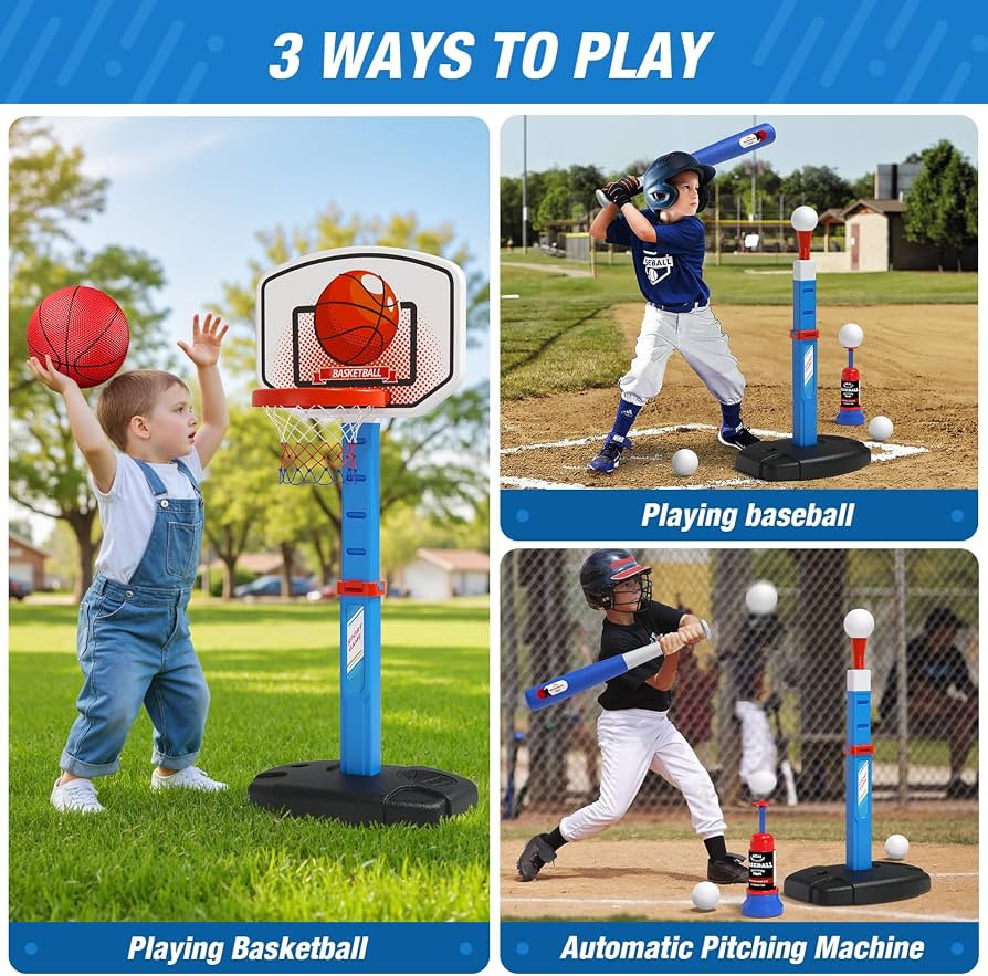 HYES 2 in 1 Kids Basketball Hoop and T Ball Set - Adjustable Height, Kids Baseball Tee with Autom... | Amazon (US)
