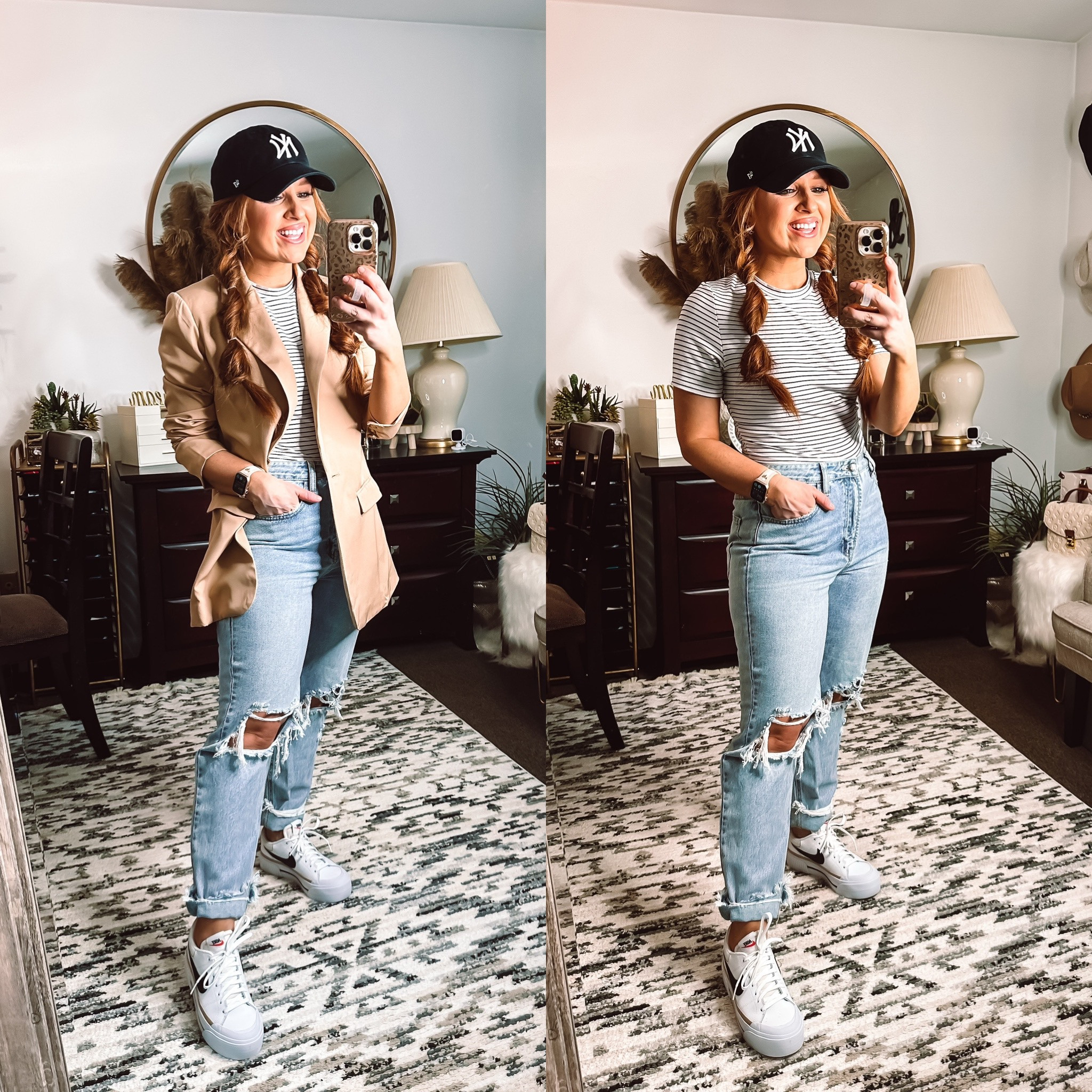 Nude blazer - small 
White and black stripe tshirt bodysuit in size medium 
Denim in size 9 
Baseball cap and sneakers 

Pink lily spring basics launch! 
Code: February20

#LTKunder50 #LTKSeasonal #LTKFind