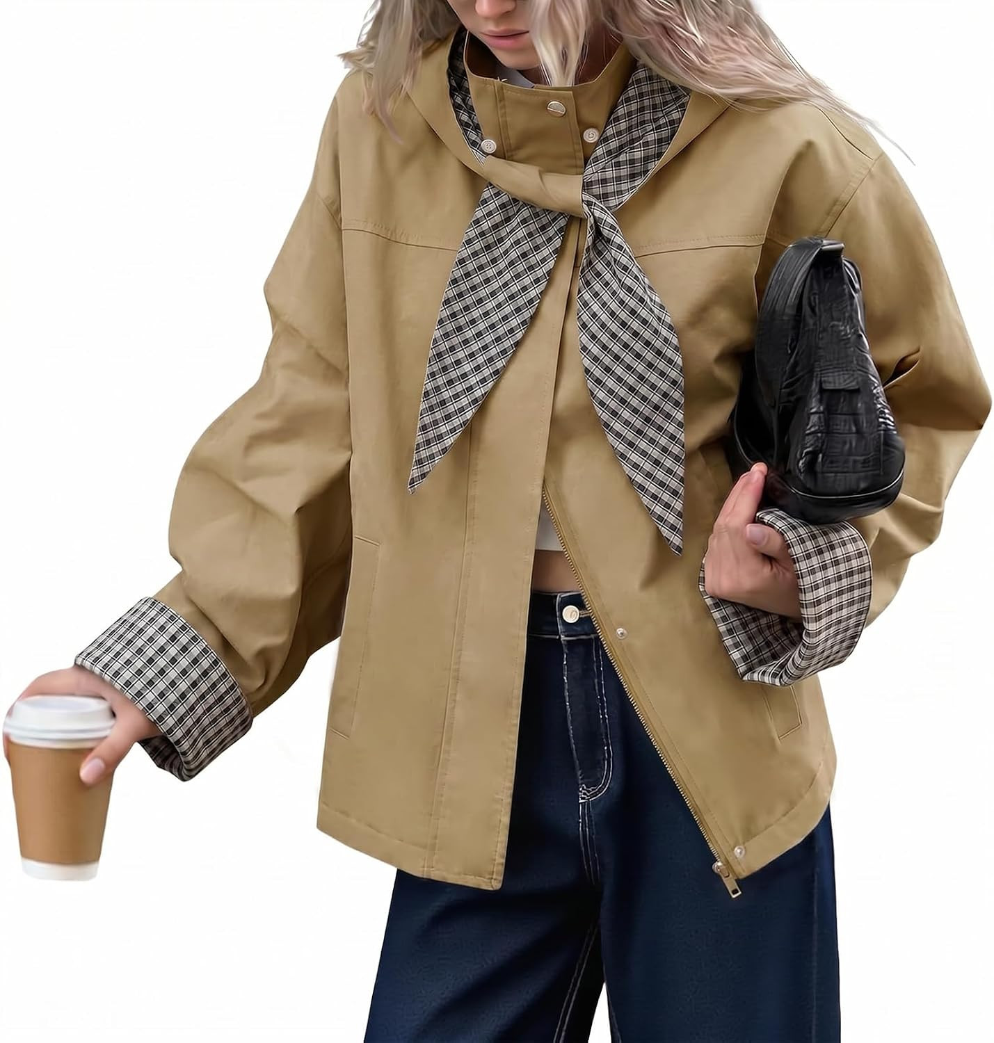 Tankaneo Womens Cropped Trench Coats Fall Jacket with Plaid Detachable Hood | Amazon (US)