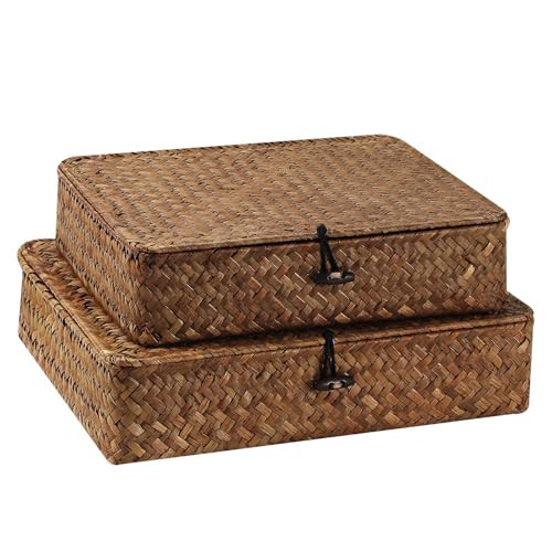 JCUKHA 2 Pack Flat Woven Wicker Storage Bins with Lid, Wicker Storage Baskets for Organizing, Natural Seagrass Baskets Rectangular Woven Decorative Storage Box for Shelf, Closet, Bedroom(Coffee) | Amazon (US)